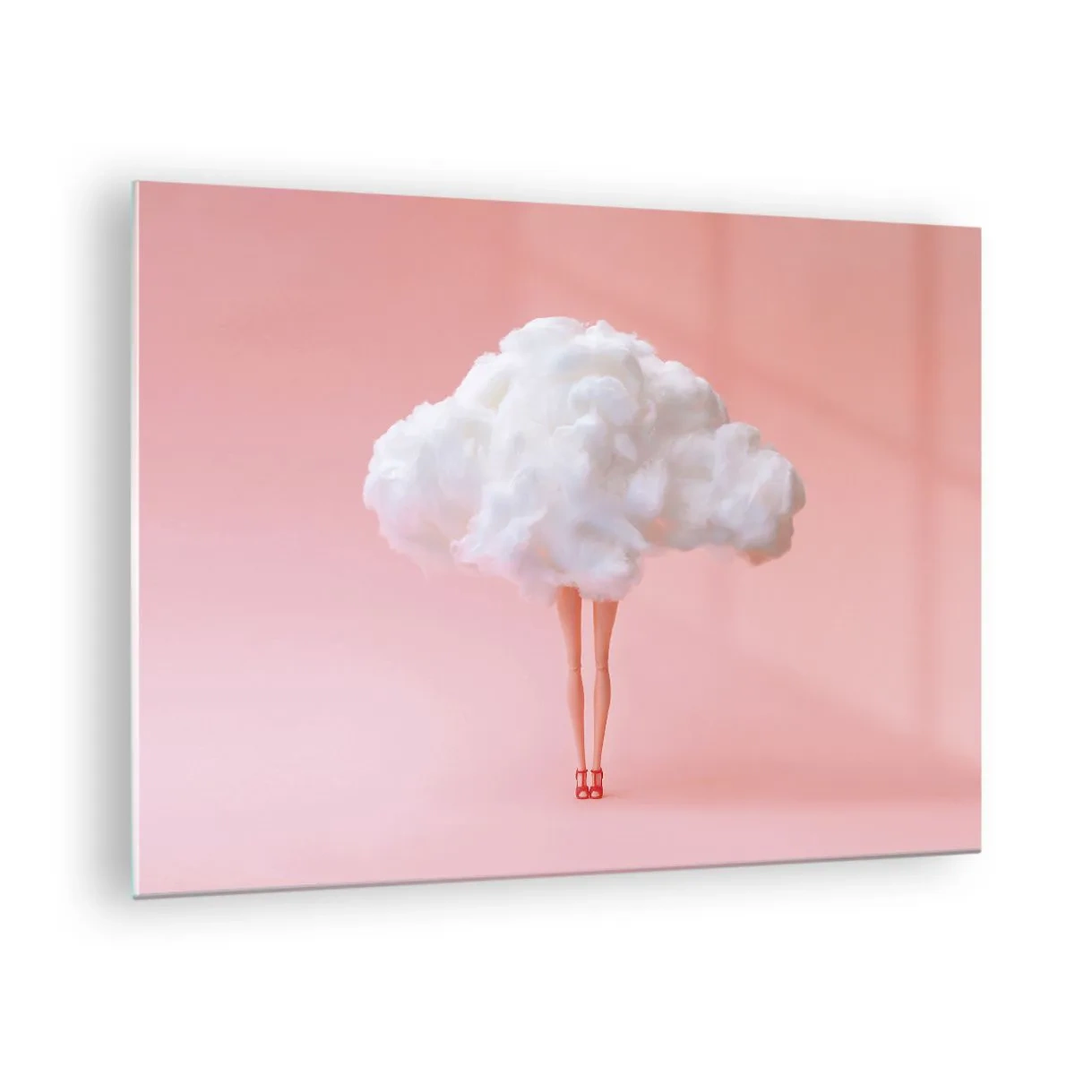 Cuadro sobre vidrio - Impresiones sobre Vidrio - Figura de una mujer con una nube en lugar de un vestido sobre un fondo rosa pastel. - 70x50cm - Dulce promesa - Decoración de pared moderna para salón y dormitorio ARTTOR