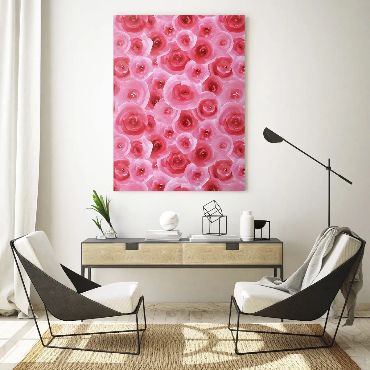Cuadro sobre vidrio - Impresiones sobre Vidrio - Patrón de rosas de acuarela en tonos rojos y rosas. - 50x70cm - Rosas abajo y arriba - Decoración de pared moderna para salón y dormitorio ARTTOR