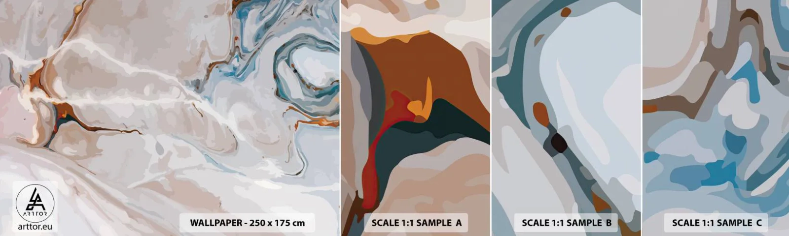 Muestra de fotomural autoadhesivo Deluxe Sticker - El azul serpentea por el blanco - Abstracción, Pedazo, Patrón moderno - 100x30 cm