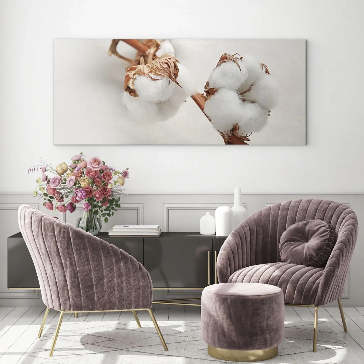 Cuadro sobre vidrio - Impresiones sobre Vidrio - Una ramita de algodón sobre un fondo sutil. - 120x50cm - Un suave tacto - Decoración de pared moderna para salón y dormitorio ARTTOR