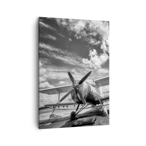 Cuadro sobre lienzo - Impresión de Imagen - Un avión antiguo en el aeropuerto en blanco y negro. - 50x70cm - No puedo esperar - Decoración de pared moderna para salón y dormitorio ARTTOR