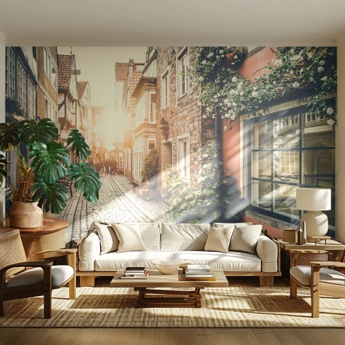 Fotomural Standard Eco - Una calle histórica bajo el resplandor del sol poniente. - 100x70cm - El callejón de las rosas - Decoración de pared moderna para salón y dormitorio ARTTOR
