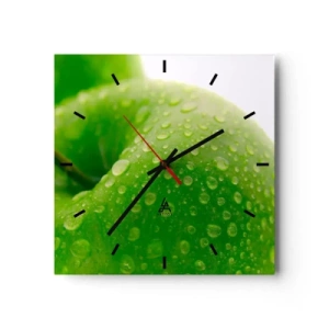 Reloj de pared - Reloj de vidrio - Primer plano de una manzana verde con gotas de agua. - 30x30cm - Frescor verde - Decoración de pared moderna para salón y dormitorio ARTTOR