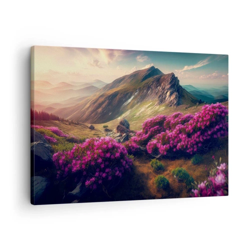 Cuadro sobre lienzo - Impresión de Imagen - Paisaje de montaña con rododendros en flor - 70x50cm - Verano en las montañas - Decoración de pared moderna para salón y dormitorio ARTTOR