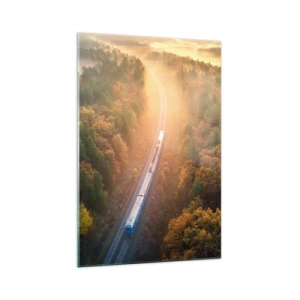 Cuadro sobre vidrio - Impresiones sobre Vidrio - Un tren en un bosque otoñal al amanecer. - 70x100cm - Un viaje otoñal - Decoración de pared moderna para salón y dormitorio ARTTOR