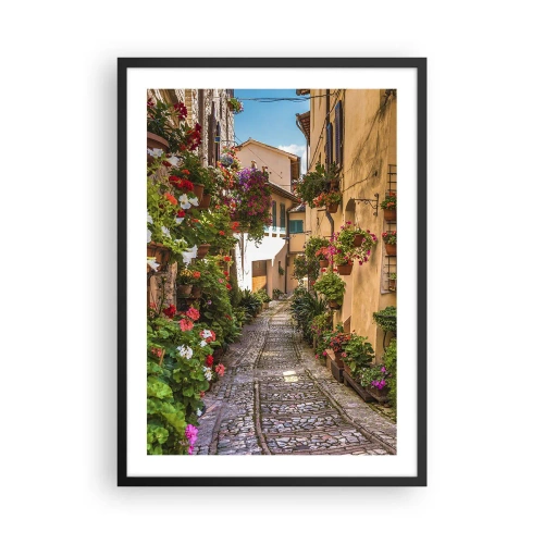 Póster en marco negro - Una encantadora calle con flores y un camino adoquinado en un día soleado. - 50x70cm - Callejón italiano - Decoración de pared moderna para salón y dormitorio ARTTOR