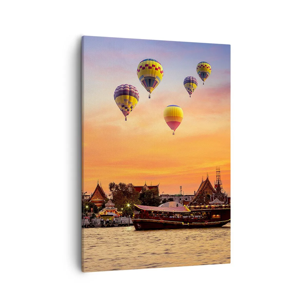 Cuadro sobre lienzo - Impresión de Imagen - Un templo y globos con el sol poniente sobre el río como telón de fondo. - 50x70cm - Aquí es donde nacen los cuentos de hadas - Decoración de pared moderna para salón y dormitorio ARTTOR