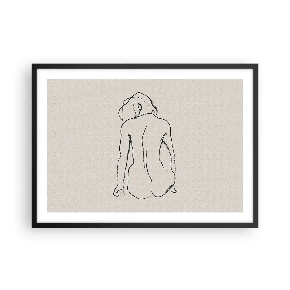 Póster en marco negro - Un boceto sutil de la silueta de una niña desde atrás. - 70x50cm - Esbozos de una espalada - Decoración de pared moderna para salón y dormitorio ARTTOR