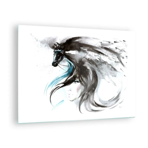 Cuadro sobre vidrio - Impresiones sobre Vidrio - Retrato de una mujer y un caballo en una composición artística y dinámica. - 70x50cm - El galope del Príncipe Negro - Decoración de pared moderna para salón y dormitorio ARTTOR
