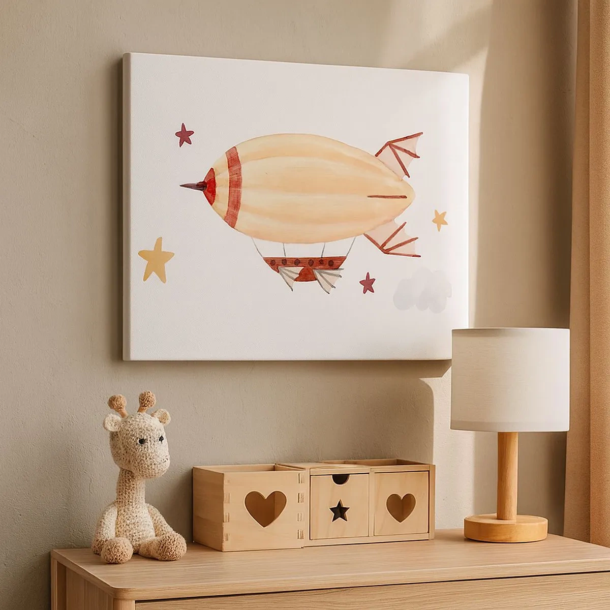 Cuadro sobre lienzo - Impresión de Imagen - Un dirigible pintado a mano con un fondo de estrellas. - 70x50cm - Dirigible - Decoración de pared moderna para salón y dormitorio ARTTOR