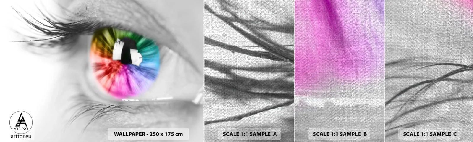 Muestra de fotomural Premium Canvas - Ver el mundo en color - Abstracción, Ojo colorido, 3D - 100x30 cm