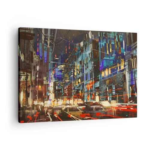 Cuadro sobre lienzo - Impresión de Imagen - Escena nocturna de la ciudad con luces de neón - 70x50cm - El bullicio nocturno de la calle - Decoración de pared moderna para salón y dormitorio ARTTOR