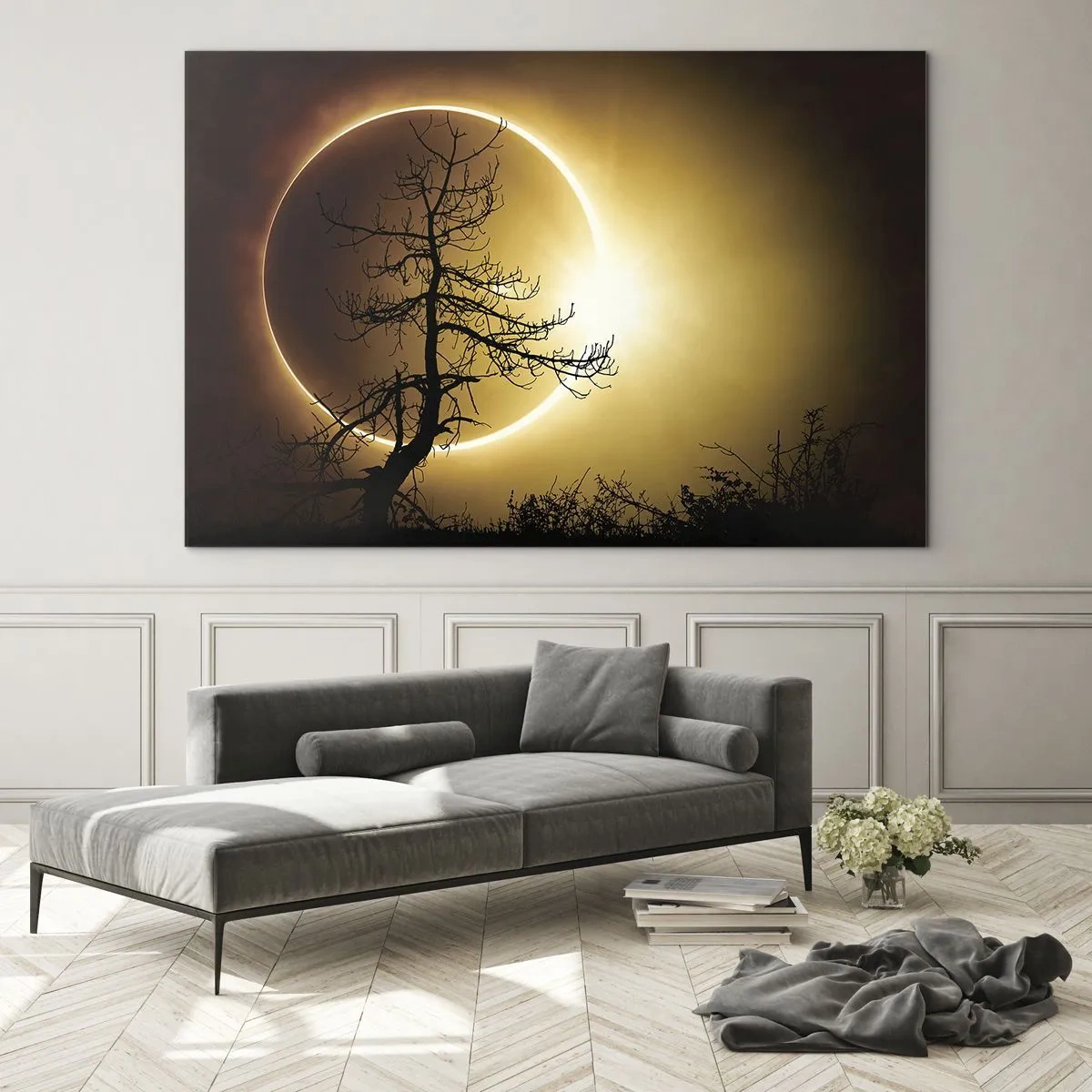 Cuadro sobre vidrio - Impresiones sobre Vidrio - Eclipse solar detrás del árbol. - 70x50cm - Eclipse total - Decoración de pared moderna para salón y dormitorio ARTTOR