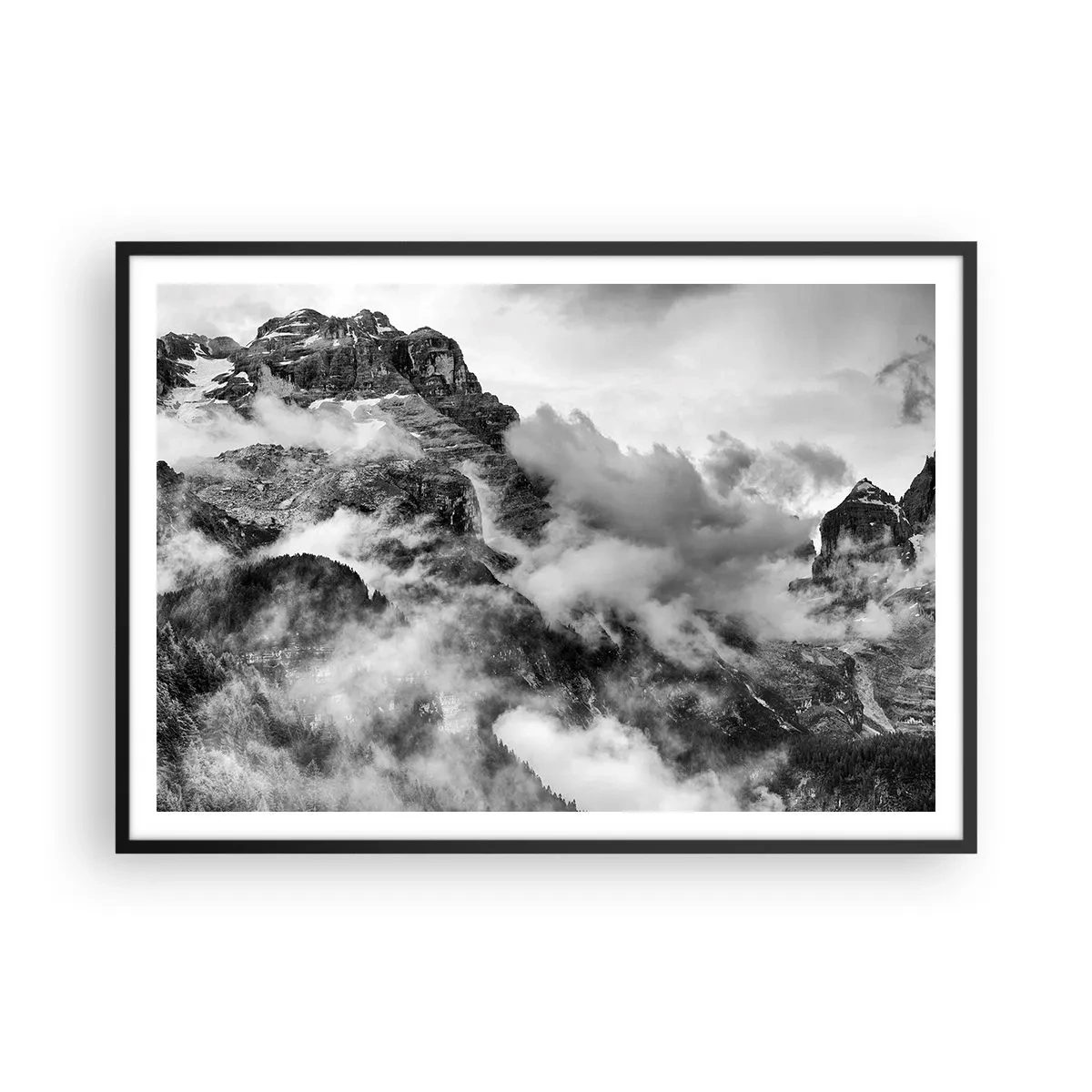 Póster en marco negro - Vista en blanco y negro de montañas rodeadas de nubes. - 100x70cm - Hermoso y cruel - Decoración de pared moderna para salón y dormitorio ARTTOR