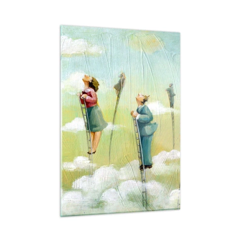 Cuadro sobre vidrio - Impresiones sobre Vidrio - Figuras subiendo escaleras entre las nubes - 50x70cm - Sigue tu sueño - Decoración de pared moderna para salón y dormitorio ARTTOR