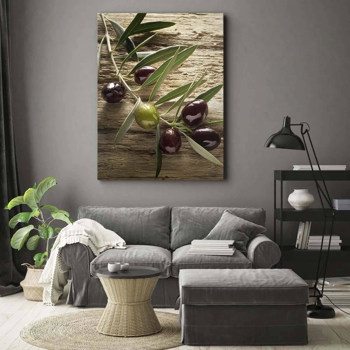 Cuadro sobre lienzo - Impresión de Imagen - Rama de olivo con fruta sobre un fondo de madera envejecida - 80x120cm - Directamente de la naturaleza - Decoración de pared moderna para salón y dormitorio ARTTOR
