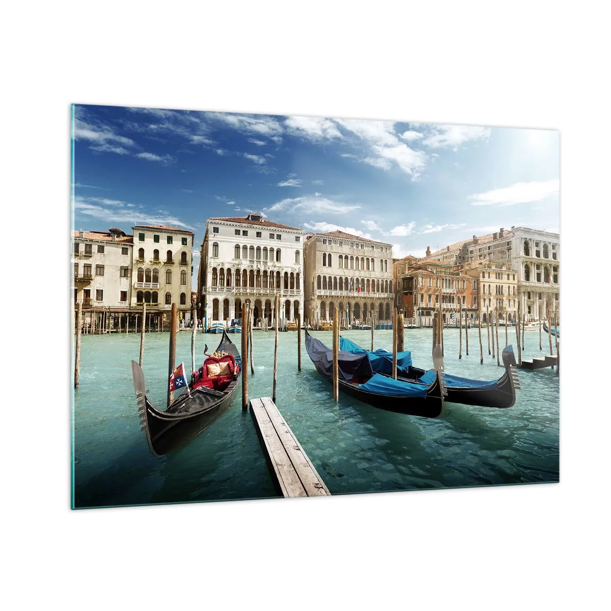 Cuadro sobre vidrio - Impresiones sobre Vidrio - Góndolas en un canal de Venecia en un día soleado - 100x70cm - Palacios en azul - Decoración de pared moderna para salón y dormitorio ARTTOR