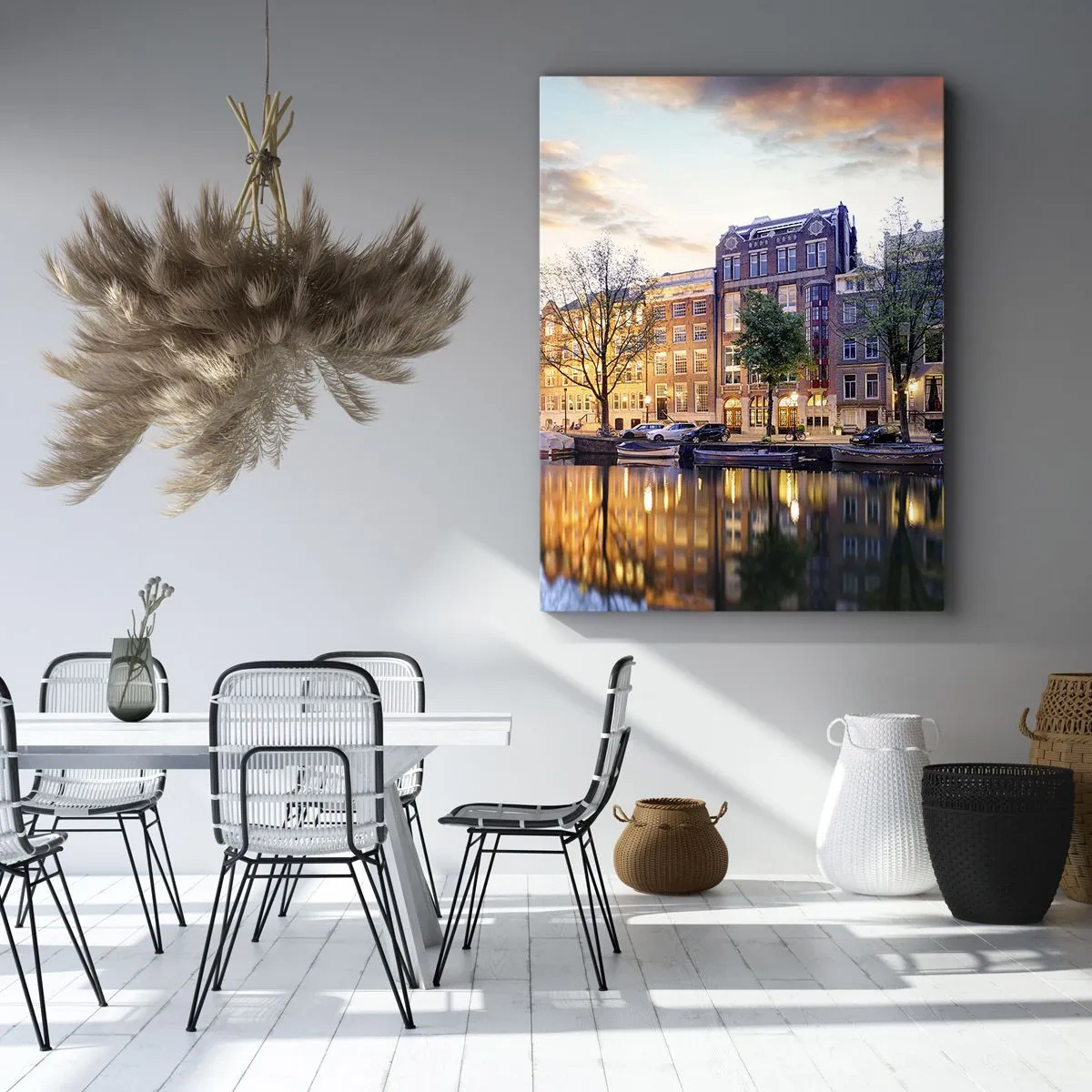 Cuadro sobre lienzo - Impresión de Imagen - Canal con reflejo de casas de vecindad a la luz del atardecer - 80x120cm - La belleza holandesa, sobria y tranquila - Decoración de pared moderna para salón y dormitorio ARTTOR