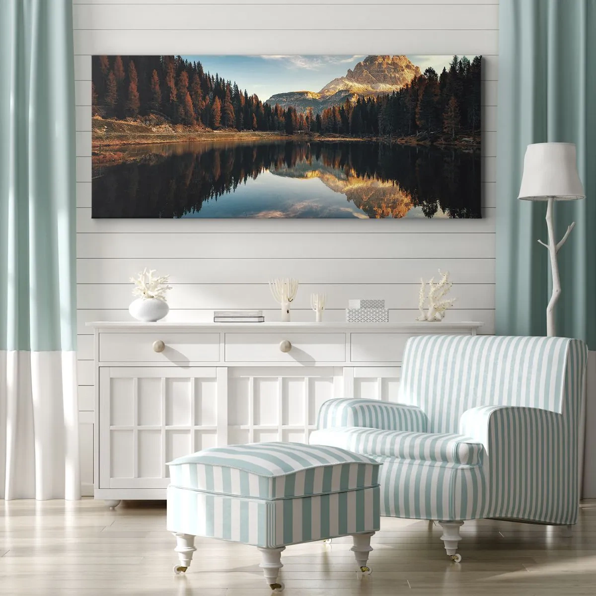 Cuadro sobre lienzo - Impresión de Imagen - Paisaje de montaña con lago y bosque. - 160x50cm - Paisaje duplicado - Decoración de pared moderna para salón y dormitorio ARTTOR