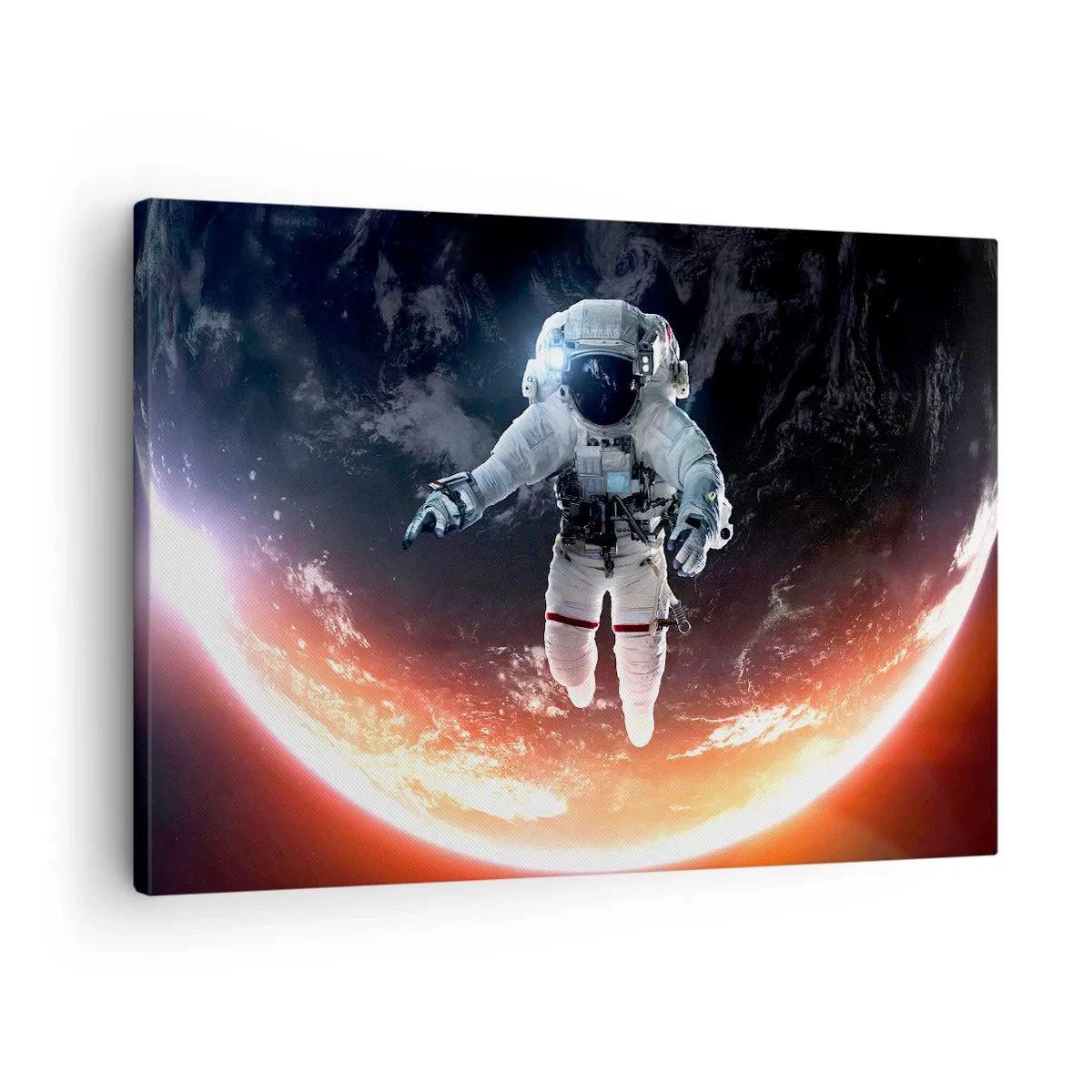 Cuadro sobre lienzo - Impresión de Imagen - Un astronauta flotando sobre una Tierra iluminada por el sol. - 70x50cm - ¿Puedo quedarme un rato más? - Decoración de pared moderna para salón y dormitorio ARTTOR