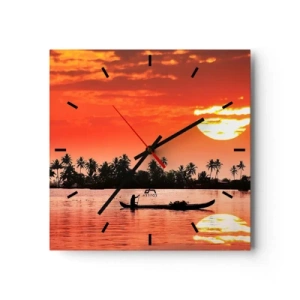 Reloj de pared - Reloj de vidrio - Atardecer tropical con un barco y palmeras al fondo - 30x30cm - La paz de los trópicos al atardecer - Decoración de pared moderna para salón y dormitorio ARTTOR