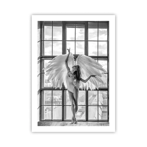 Póster - Una figura con alas de ángel sobre el fondo de una ventana. - 50x70cm - ¿Ciudad de los ángeles? - Decoración de pared moderna para salón y dormitorio ARTTOR