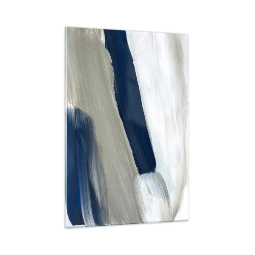 Cuadro sobre vidrio - Impresiones sobre Vidrio - Pinceladas abstractas en tonos azules y grises - 70x100cm - Encuentro con el blanco - Decoración de pared moderna para salón y dormitorio ARTTOR