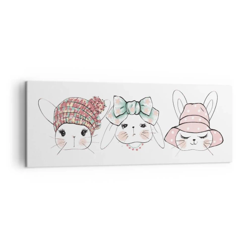 Cuadro sobre lienzo - Impresión de Imagen - Adorables conejitos con tocados en tonos pastel - 140x50cm - Reflexión, tristeza, alegría - Decoración de pared moderna para salón y dormitorio ARTTOR