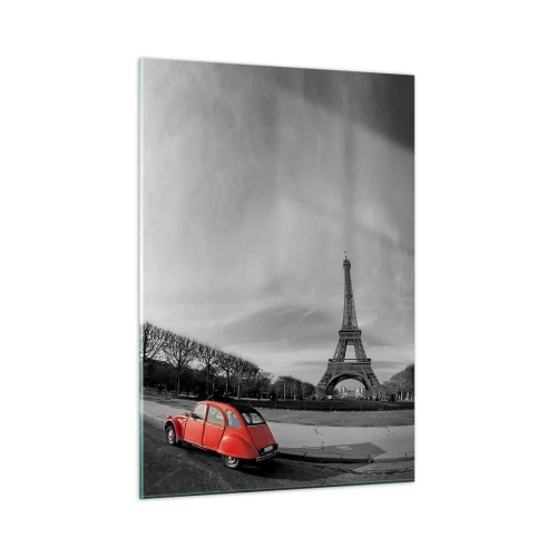 Cuadro sobre vidrio - Impresiones sobre Vidrio - Un coche rojo con la Torre Eiffel al fondo en un entorno en blanco y negro. - 50x70cm - Más parisino que el propio París - Decoración de pared moderna para salón y dormitorio ARTTOR