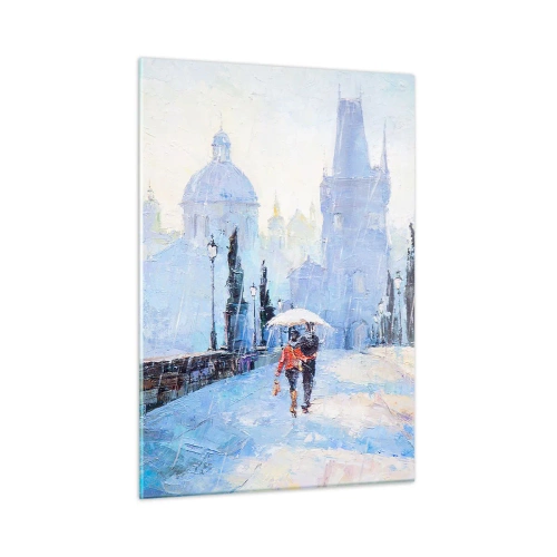 Cuadro sobre vidrio - Impresiones sobre Vidrio - Caminando con un paraguas por un puente histórico en un día lluvioso - 50x70cm - El embrujo de la lluvia - Decoración de pared moderna para salón y dormitorio ARTTOR