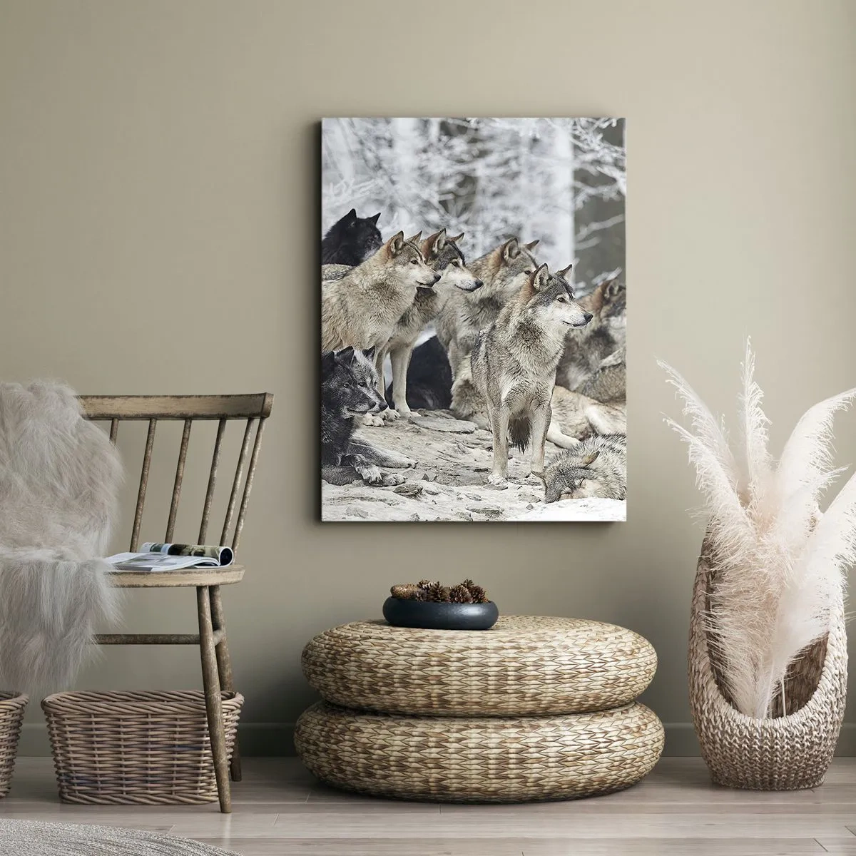 Cuadro sobre lienzo - Impresión de Imagen - Una manada de lobos en el bosque invernal. - 70x100cm - Familiares y amigos - Decoración de pared moderna para salón y dormitorio ARTTOR