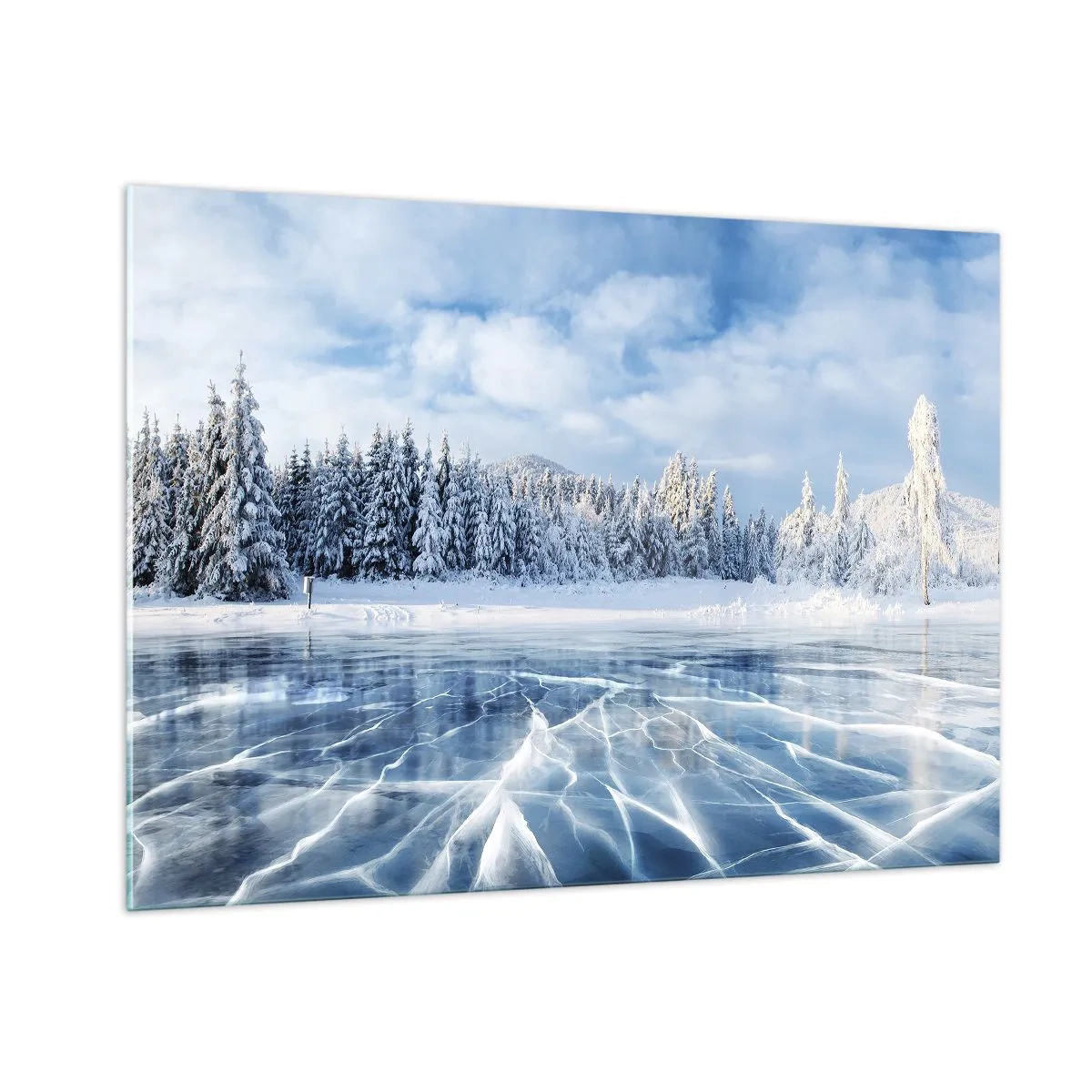 Cuadro sobre vidrio - Impresiones sobre Vidrio - Un lago congelado rodeado de un bosque invernal. - 100x70cm - Vista deslumbrante y cristalina - Decoración de pared moderna para salón y dormitorio ARTTOR