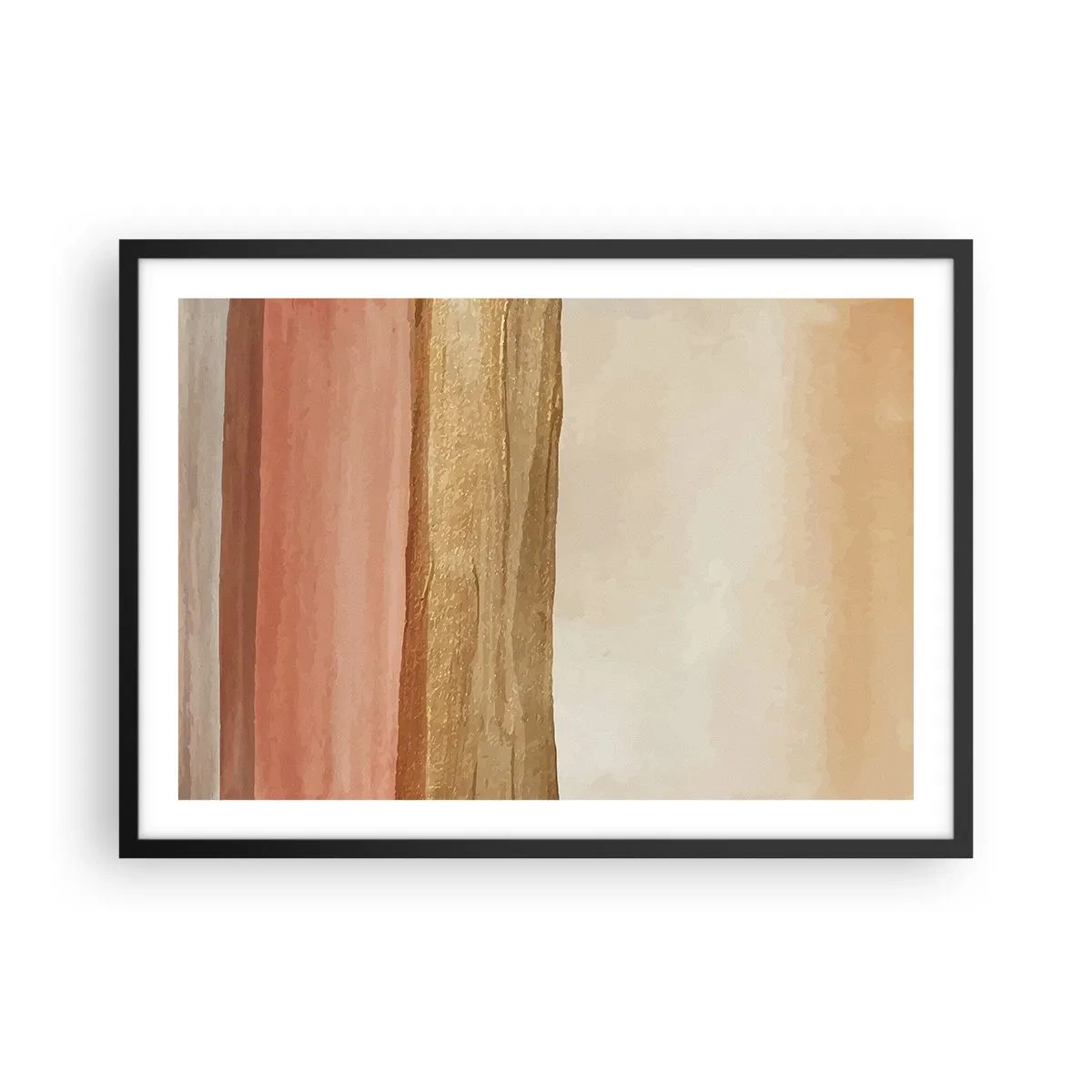 Póster en marco negro - Rayas abstractas en tonos beige, dorado y rosa sobre lienzo. - 70x50cm - Composición vertical - Decoración de pared moderna para salón y dormitorio ARTTOR