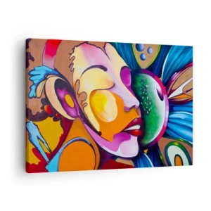 Cuadro sobre lienzo - Impresión de Imagen - Una abstracción colorida con un motivo facial en una composición dinámica. - 70x50cm - Toque de color - Decoración de pared moderna para salón y dormitorio ARTTOR