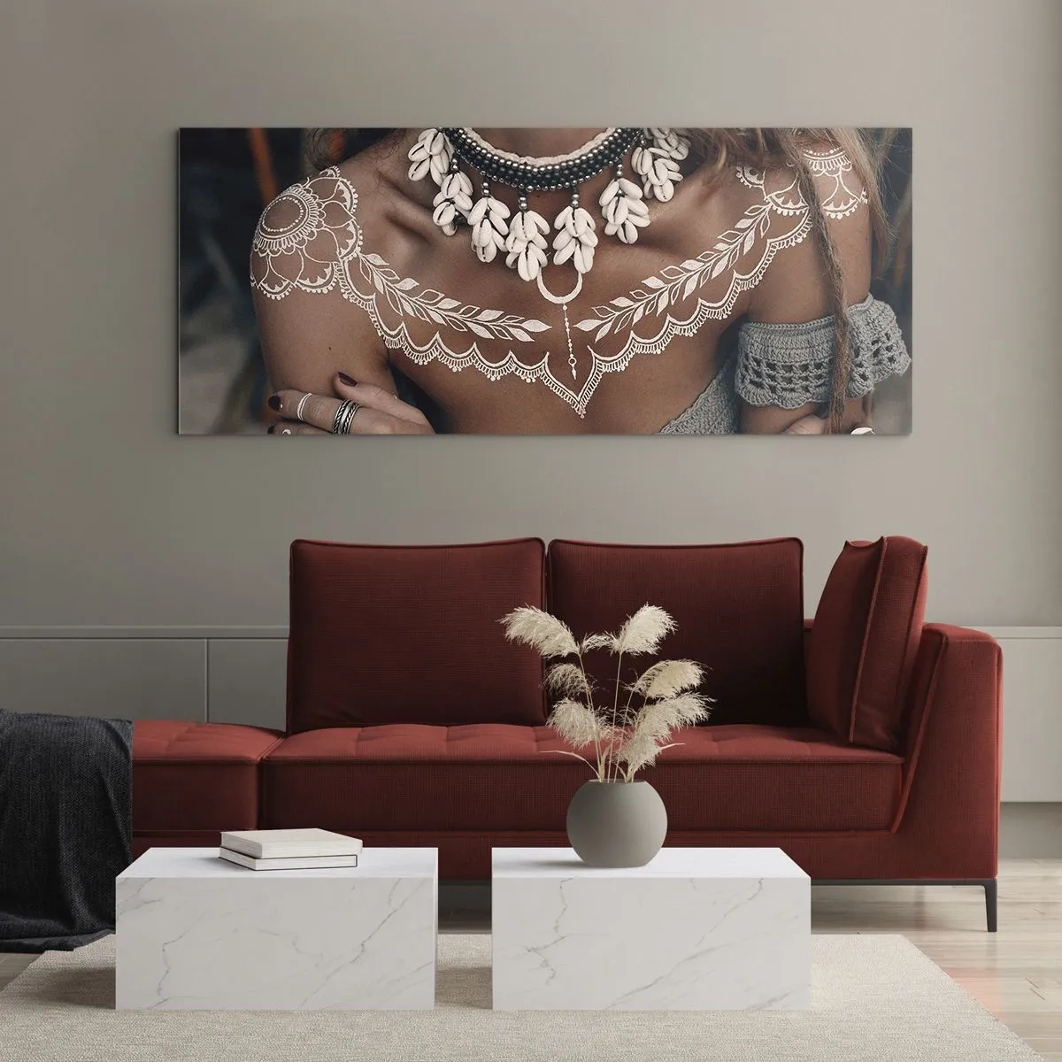 Cuadro sobre vidrio - Impresiones sobre Vidrio - Estilo boho con joyas de conchas y patrón de encaje. - 120x50cm - Talismanes, rituales de feminidad - Decoración de pared moderna para salón y dormitorio ARTTOR