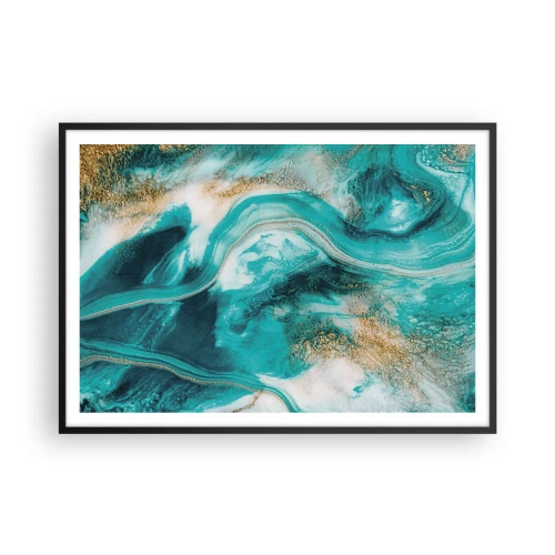 Póster en marco negro - Abstracción turquesa con acentos blancos y dorados. - 100x70cm - Río de oro - Decoración de pared moderna para salón y dormitorio ARTTOR