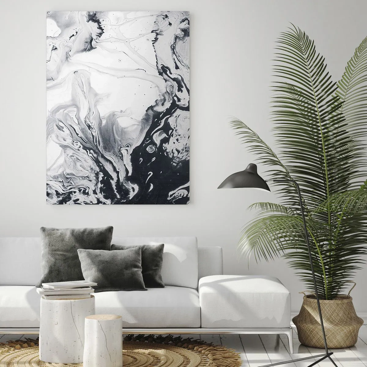 Cuadro sobre vidrio - Impresiones sobre Vidrio - Ondas abstractas monocromáticas en tonos blanco y negro. - 50x70cm - Dentro de la Tierra - Decoración de pared moderna para salón y dormitorio ARTTOR