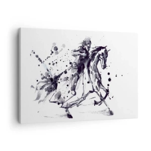 Cuadro sobre lienzo - Impresión de Imagen - Acuarela en blanco y negro de un jinete sobre un caballo al galope. - 70x50cm - Caballero negro - Decoración de pared moderna para salón y dormitorio ARTTOR