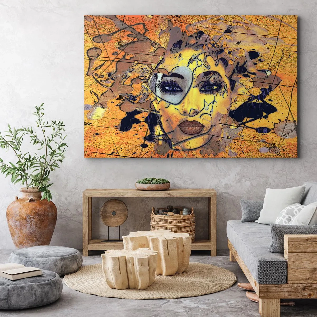 Cuadro sobre lienzo - Impresión de Imagen - Retrato abstracto de una mujer en tonos amarillo dorado. - 70x50cm - La belleza del sol - Decoración de pared moderna para salón y dormitorio ARTTOR