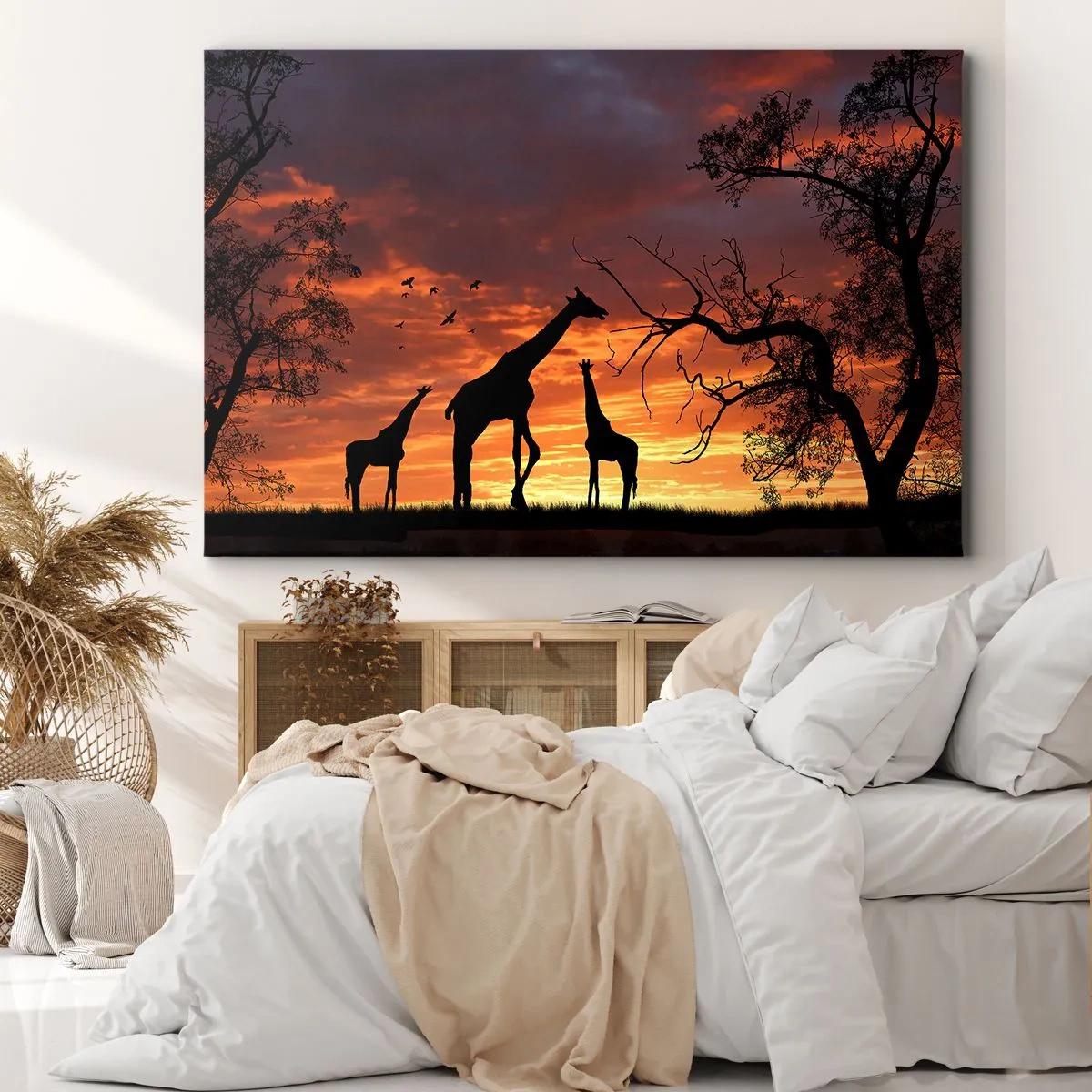 Cuadro sobre lienzo - Impresión de Imagen - Siluetas de jirafas con el atardecer africano como telón de fondo - 100x70cm - Una pequeña cena con tus seres queridos - Decoración de pared moderna para salón y dormitorio ARTTOR