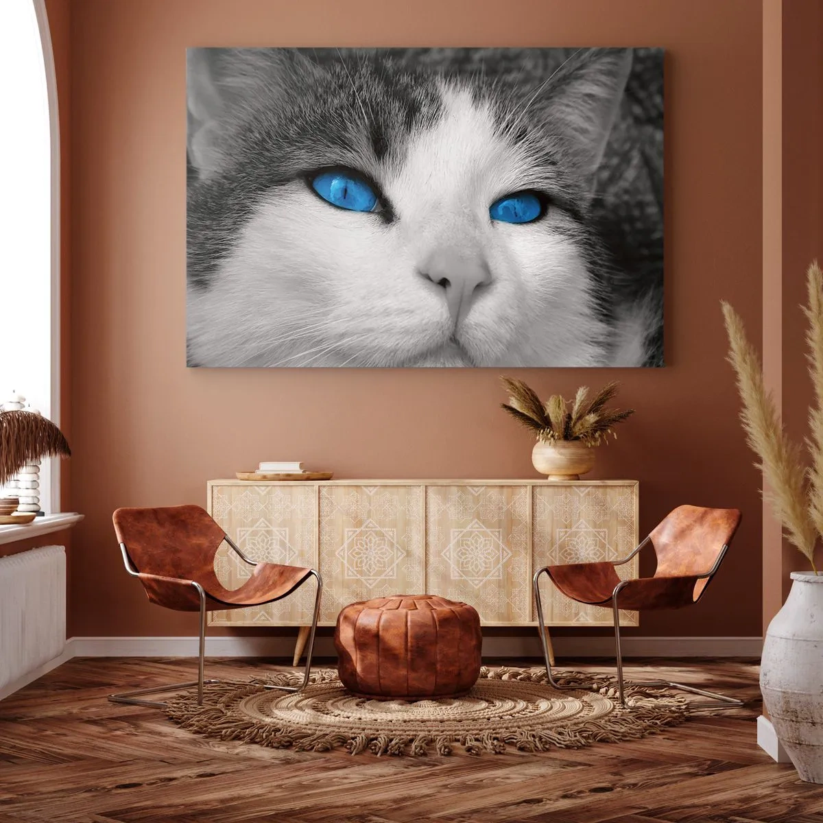 Cuadro sobre lienzo - Impresión de Imagen - Retrato de un gato con ojos azules en estilo blanco y negro. - 120x80cm - Inusual de ojos azules - Decoración de pared moderna para salón y dormitorio ARTTOR