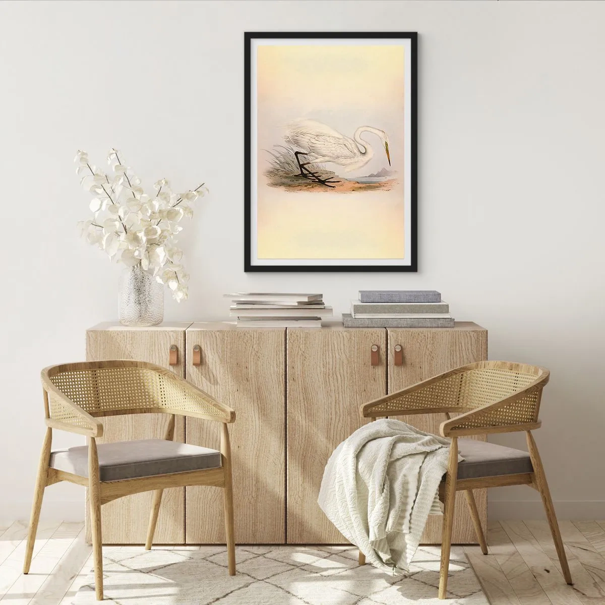 Póster en marco negro - Ilustración de una garza sobre un fondo de paisaje pastel - 50x70cm - Dama de los juncos - Decoración de pared moderna para salón y dormitorio ARTTOR