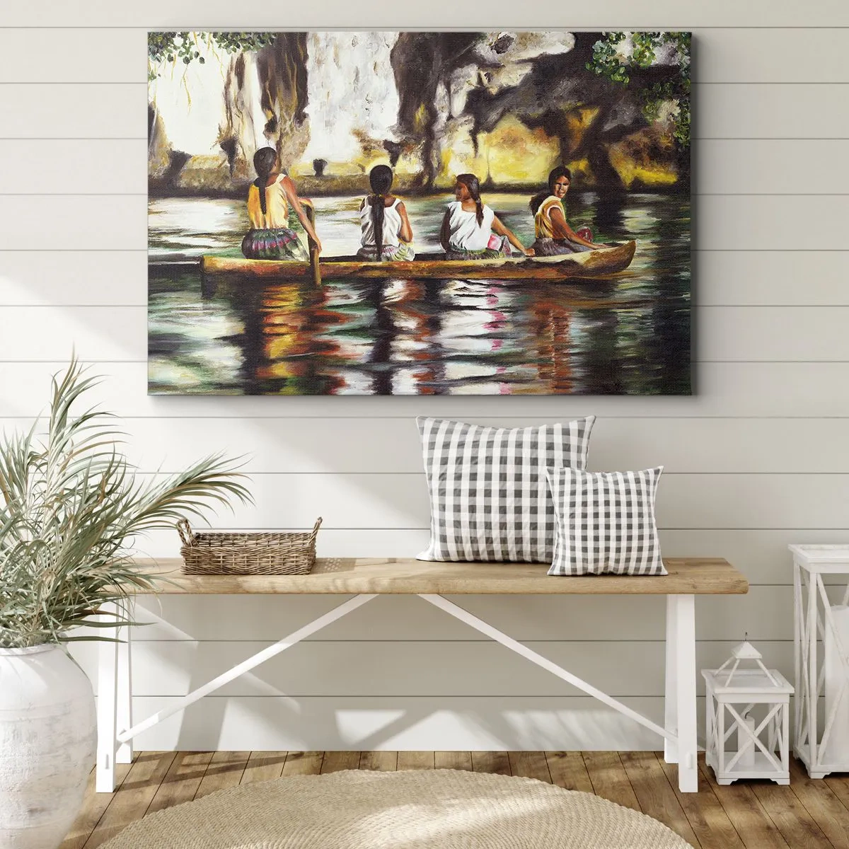 Cuadro sobre lienzo - Impresión de Imagen - Mujeres en un bote en un río tranquilo con un fondo pintoresco - 70x50cm - En un paraíso polinesio - Decoración de pared moderna para salón y dormitorio ARTTOR