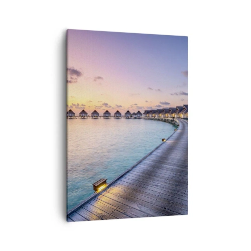 Cuadro sobre lienzo - Impresión de Imagen - El muelle que conduce a las cabañas frente al mar al atardecer. - 50x70cm - Vacaciones - volver al origen - Decoración de pared moderna para salón y dormitorio ARTTOR