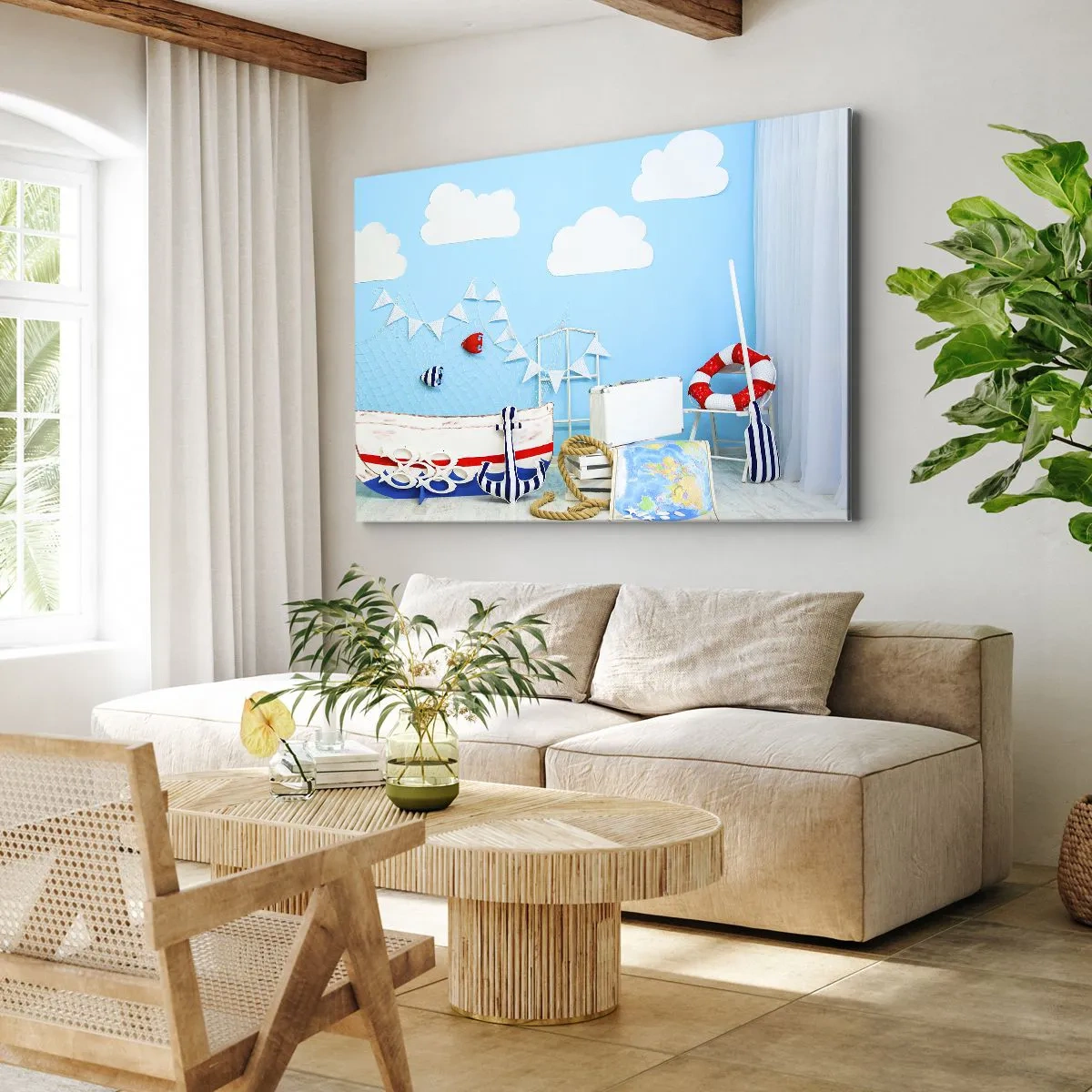Cuadro sobre lienzo - Impresión de Imagen - Decoración náutica con barco y accesorios sobre fondo azul. - 70x50cm - El ansia de aventura de un niño - Decoración de pared moderna para salón y dormitorio ARTTOR