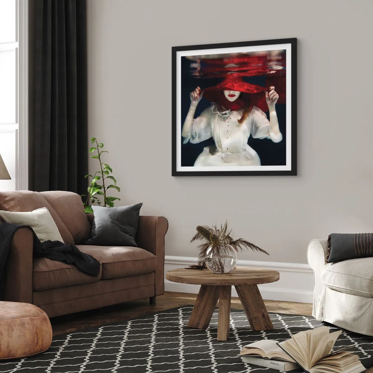 Póster en marco negro - Blanco y rojo - 30x30 cm