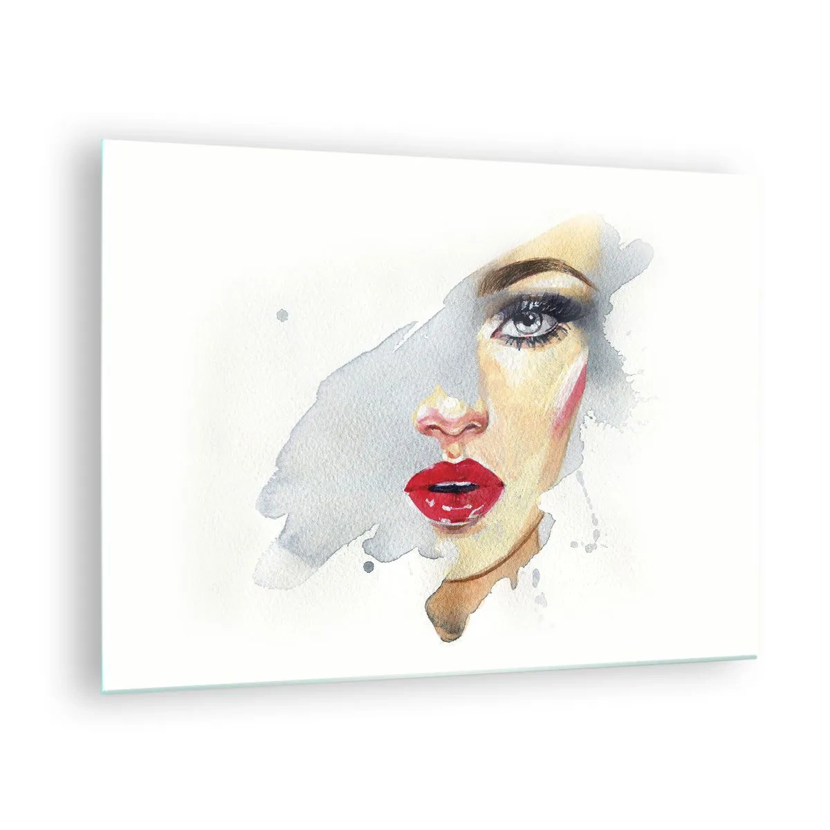Cuadro sobre vidrio - Impresiones sobre Vidrio - Retrato en acuarela de una mujer con labios rojos. - 70x50cm - Reflejo en una gota de agua - Decoración de pared moderna para salón y dormitorio ARTTOR