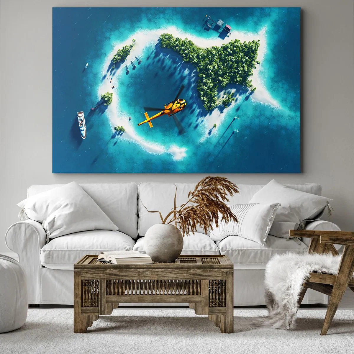 Cuadro sobre lienzo - Impresión de Imagen - Una isla tropical rodeada de agua turquesa con un helicóptero a la vista. - 70x50cm - Cómprate una isla - Decoración de pared moderna para salón y dormitorio ARTTOR