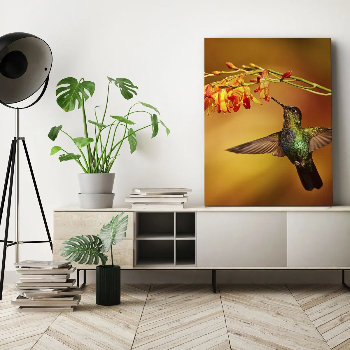 Cuadro sobre lienzo - Impresión de Imagen - Colibrí junto a una flor bajo la cálida luz - 70x100cm - Mensajero de la luz - Decoración de pared moderna para salón y dormitorio ARTTOR