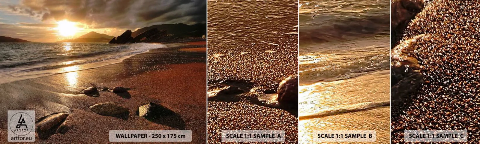 Muestra De Fotomural Standard Eco - Sigue el sol hacia las colinas - Paisaje, Mar, Atardecer - 100x30 cm